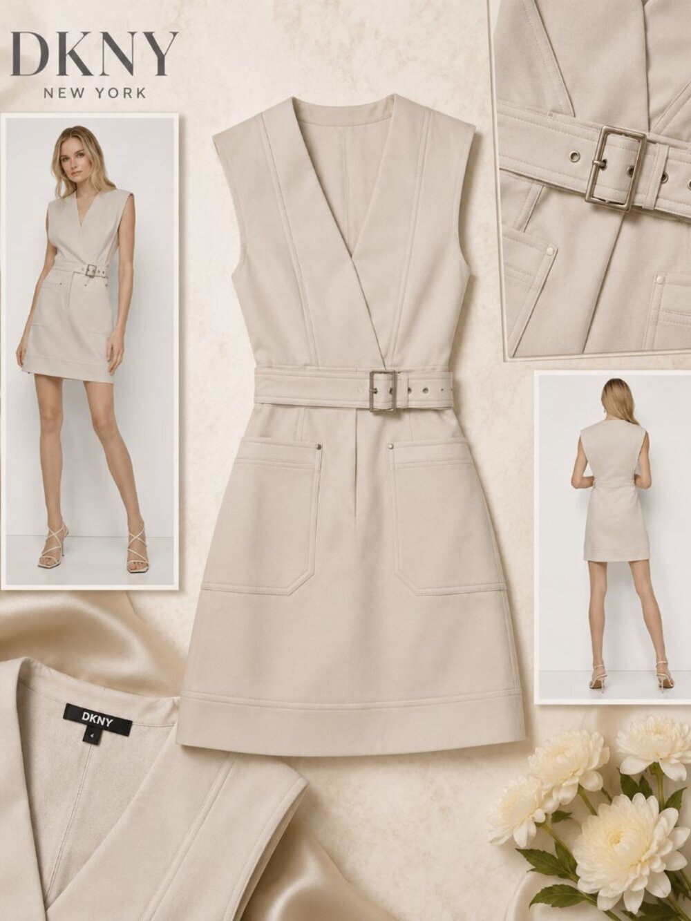 DKNY Sleeveless V-Neck Sheath Mini Dress Dark Beige Size 16 NWT